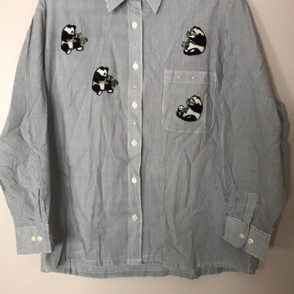 Get lucky button up striped long sleeve shirt with pandas embroidered large - Picture 3 of 13